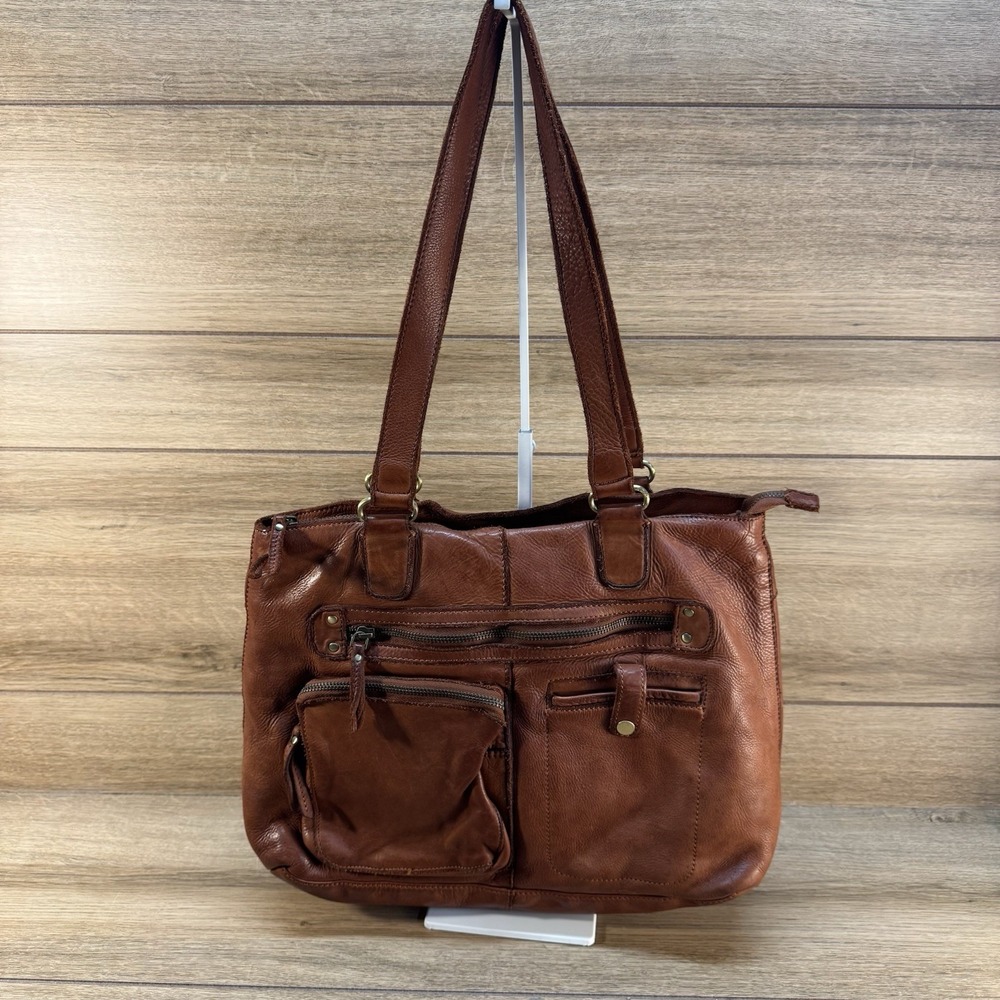 Marta Ponti Womens Brown Leather Double Handle Zip Top Pockets Shoulder Bag